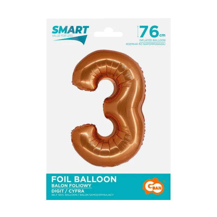 Balon foliowy Cyfra 3, miedziana, Smart, 76 cm