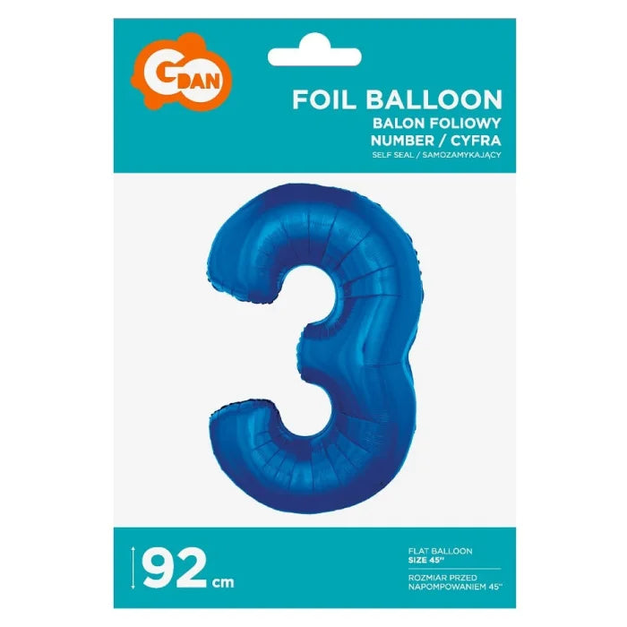 Balon foliowy Cyfra 3, niebieska, 92 cm