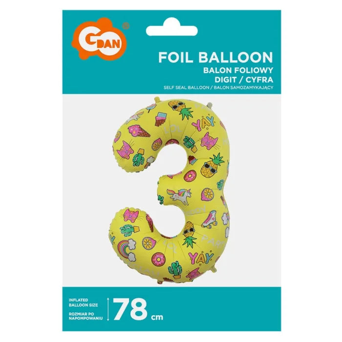 Balon foliowy Cyfra 3, obrazki, 78 cm