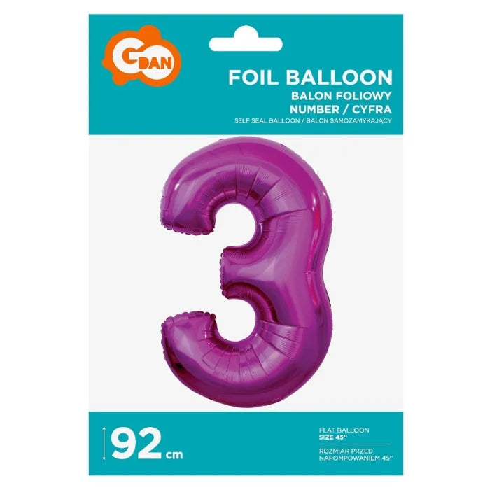 Balon foliowy Cyfra 3, różowa, 92 cm