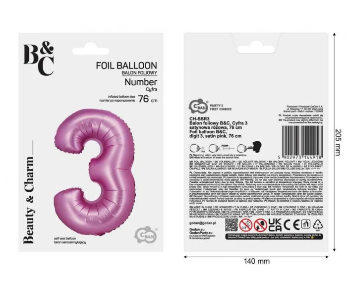 Balon Foliowy Cyfra ’3’’ – Satynowy Różowy | 76 cm