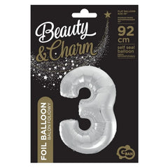 Balon foliowy Cyfra 3, srebrna, Beauty&Charm, 92 cm