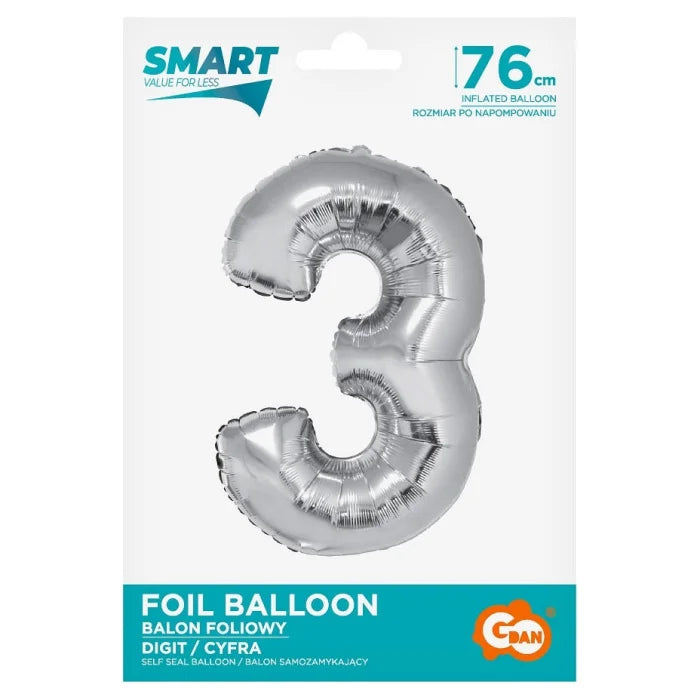 Balon foliowy Cyfra 3, Srebrna, SMART, 76 cm