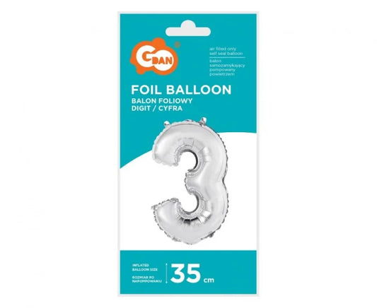 Balon foliowy cyfra ’3’’ – srebrny 35 cm