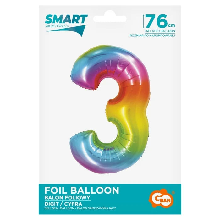 Balon foliowy Cyfra 3, tęczowa, SMART, 76 cm