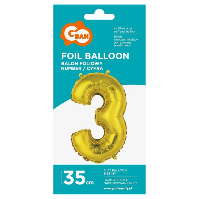 Balon foliowy Cyfra 3, złota, 35 cm