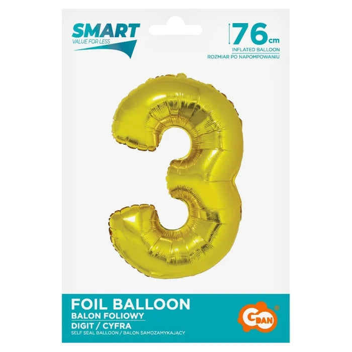 Balon foliowy Cyfra 3, Złota, SMART, 76 cm