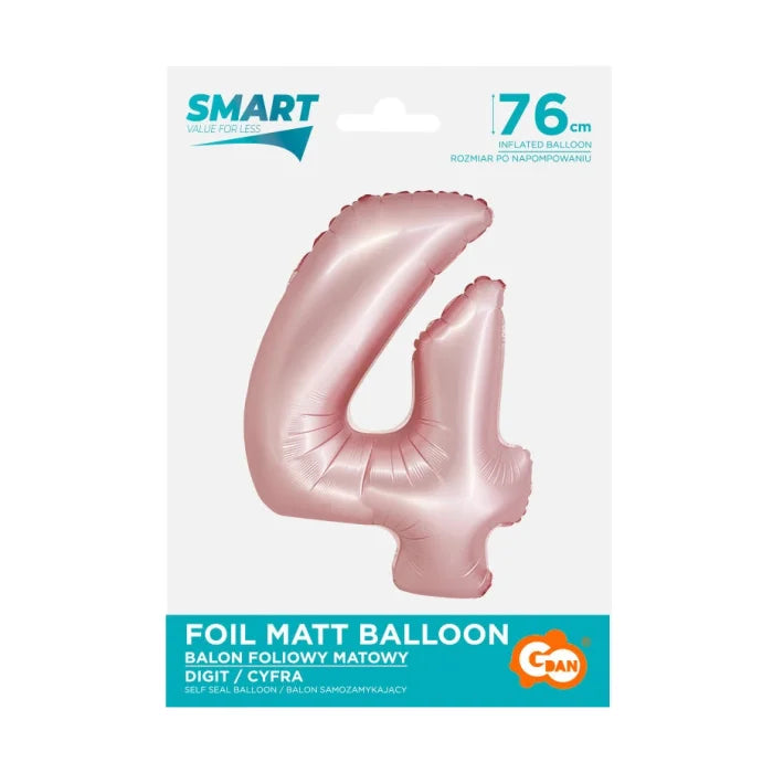 Balon foliowy Cyfra 4, j. różowa matowa, Smart, 76 cm