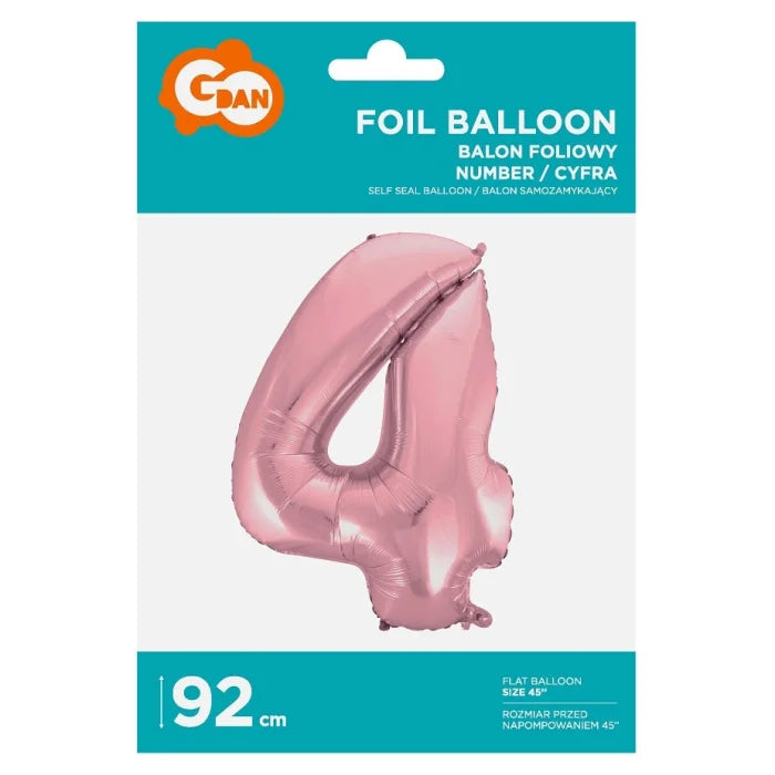 Balon foliowy Cyfra 4, jasnoróżowa, 92 cm