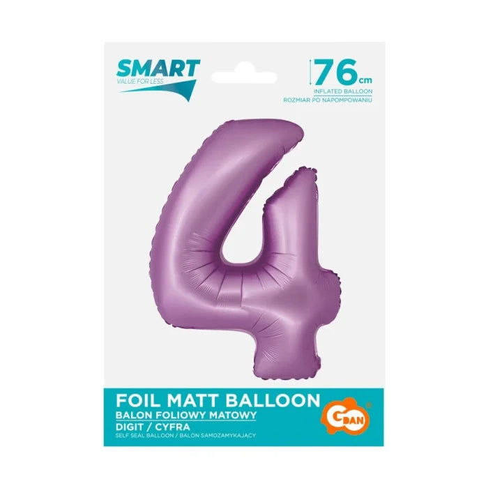 Balon foliowy Cyfra 4, lawendowa matowa, Smart, 76 cm