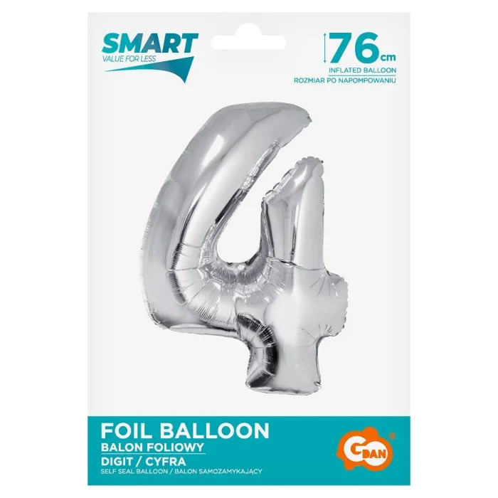 Balon foliowy Cyfra 4, Srebrna, SMART, 76 cm