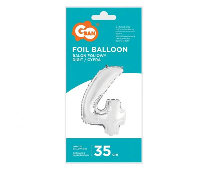Balon foliowy cyfra ’4’’ – srebrny 35 cm