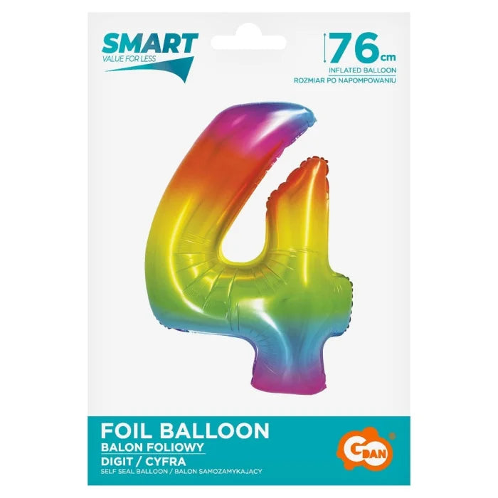 Balon foliowy Cyfra 4, tęczowa, SMART, 76 cm