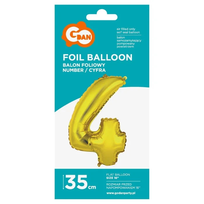 Balon foliowy Cyfra 4, złota, 35 cm