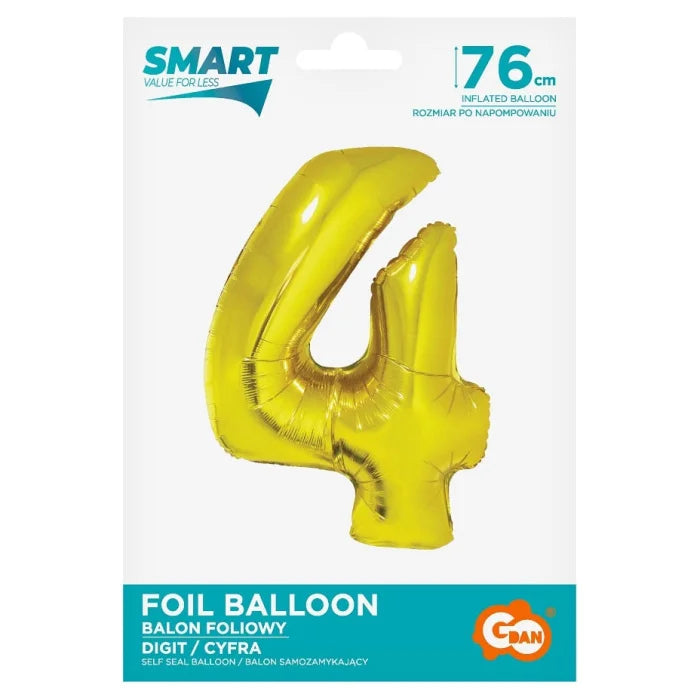 Balon foliowy Cyfra 4, Złota, SMART, 76 cm