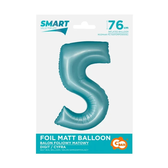 Balon foliowy Cyfra 5, j. niebieska matowa, Smart 76 cm