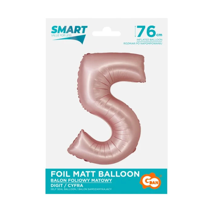 Balon foliowy Cyfra 5, j. różowa matowa, Smart, 76 cm