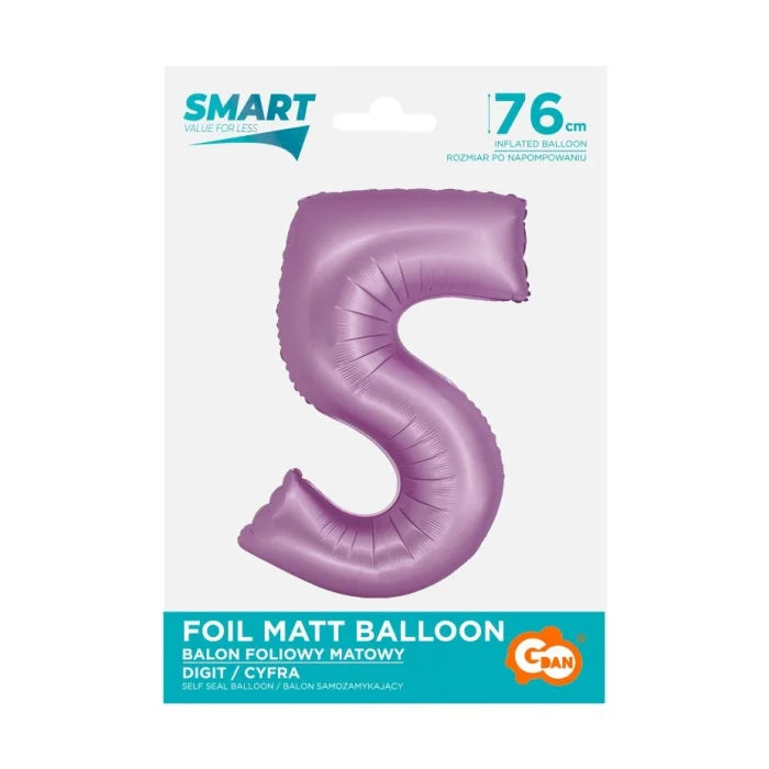 Balon foliowy Cyfra 5, lawendowa matowa, Smart, 76 cm