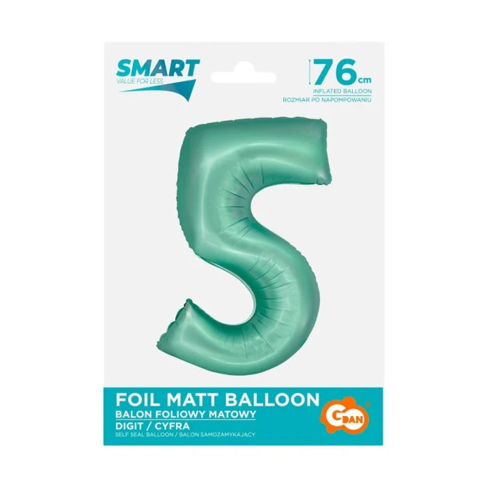 Balon foliowy Cyfra 5, miętowa matowa, Smart 76 cm