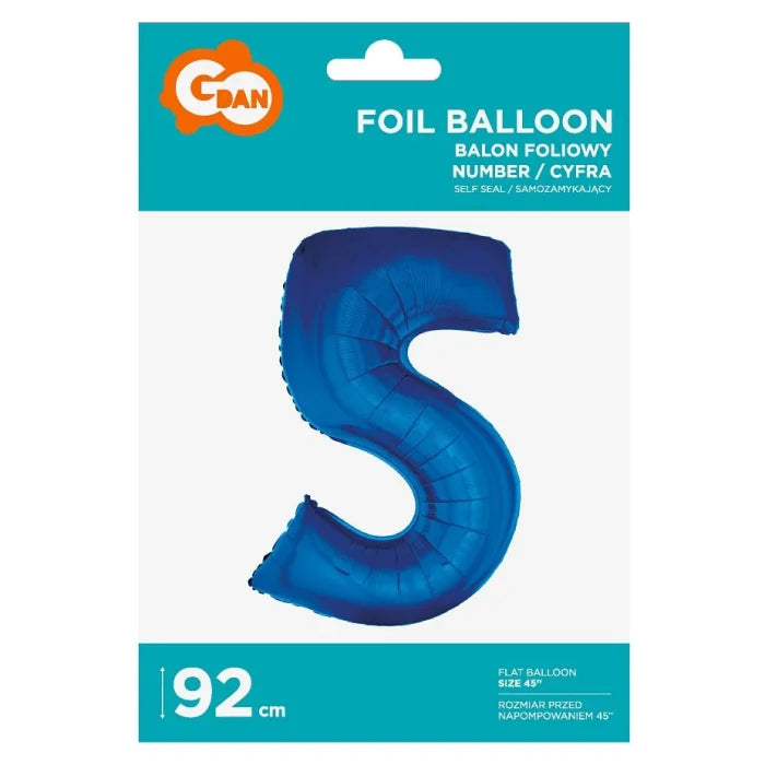 Balon foliowy Cyfra 5, niebieska, 92 cm