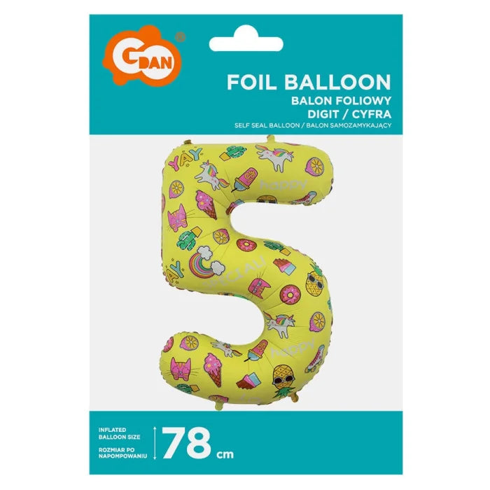 Balon foliowy Cyfra 5, obrazki, 78 cm