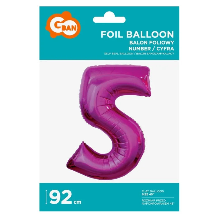 Balon foliowy Cyfra 5, różowa, 92 cm