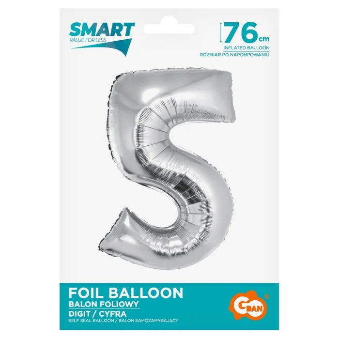 Balon foliowy Cyfra 5, Srebrna, SMART, 76 cm