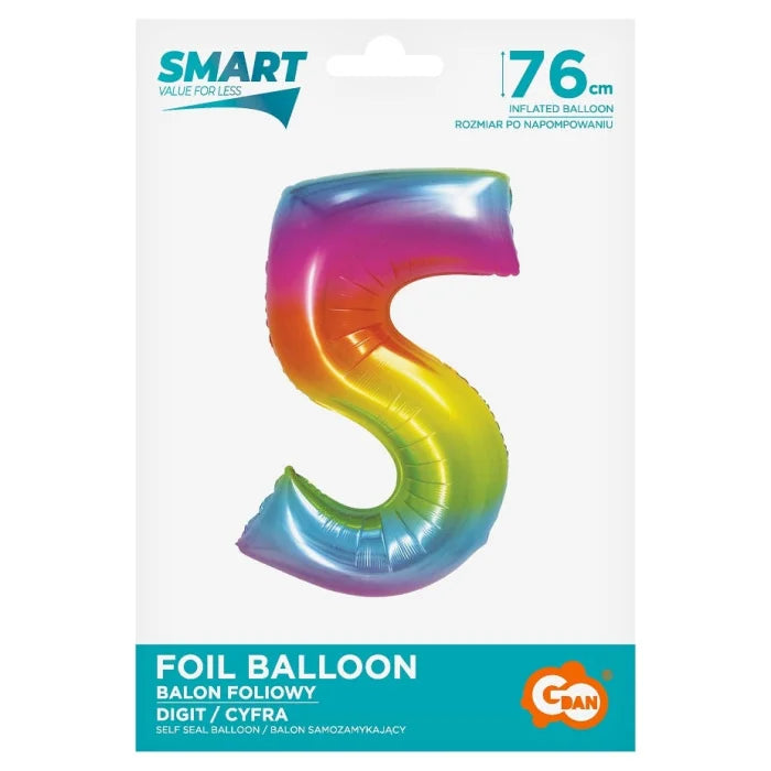 Balon foliowy Cyfra 5, tęczowa, SMART, 76 cm