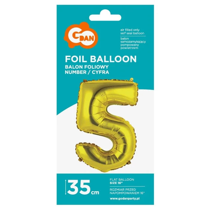 Balon foliowy Cyfra 5, złota, 35 cm