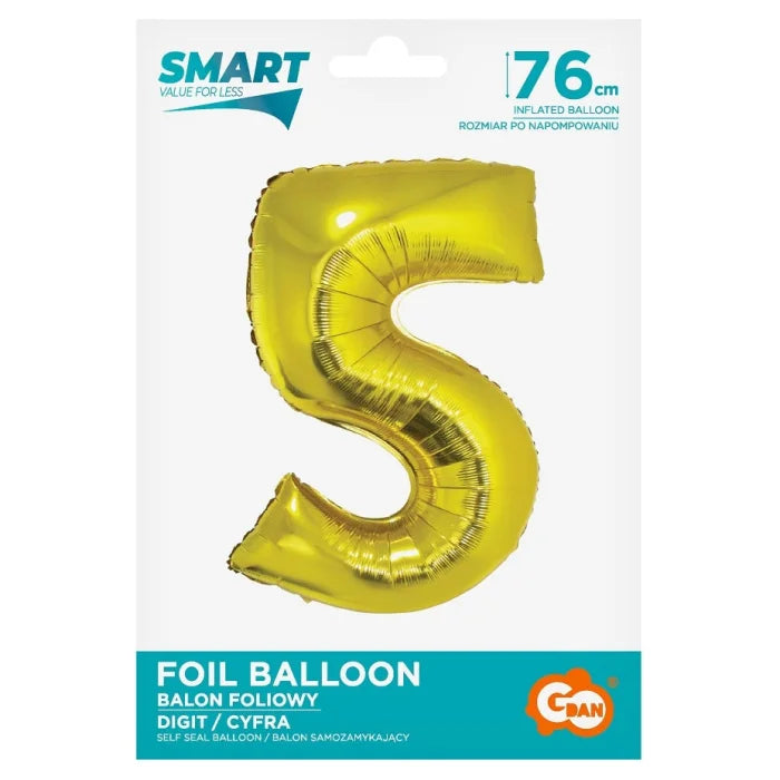 Balon foliowy Cyfra 5, Złota, SMART, 76 cm