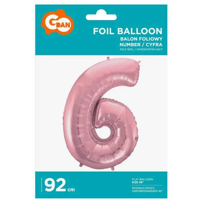 Balon foliowy Cyfra 6, jasnoróżowa, 92 cm