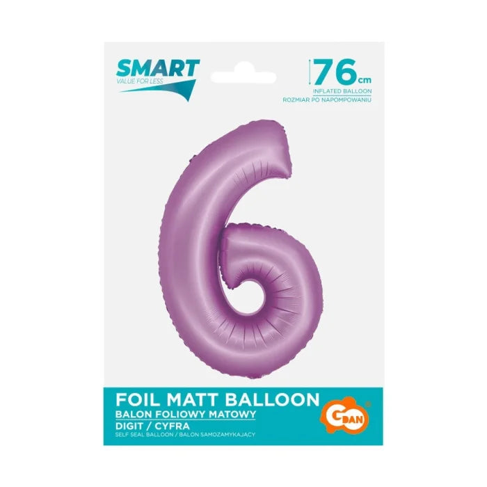 Balon foliowy Cyfra 6, lawendowa matowa, Smart, 76 cm