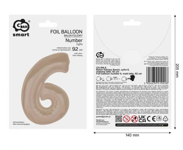 Balon Foliowy Cyfra 6 Matowa Latte (92 cm)