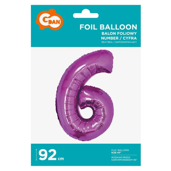 Balon foliowy Cyfra 6, różowa, 92 cm