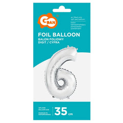 Balon foliowy Cyfra 6, srebrna, 35 cm