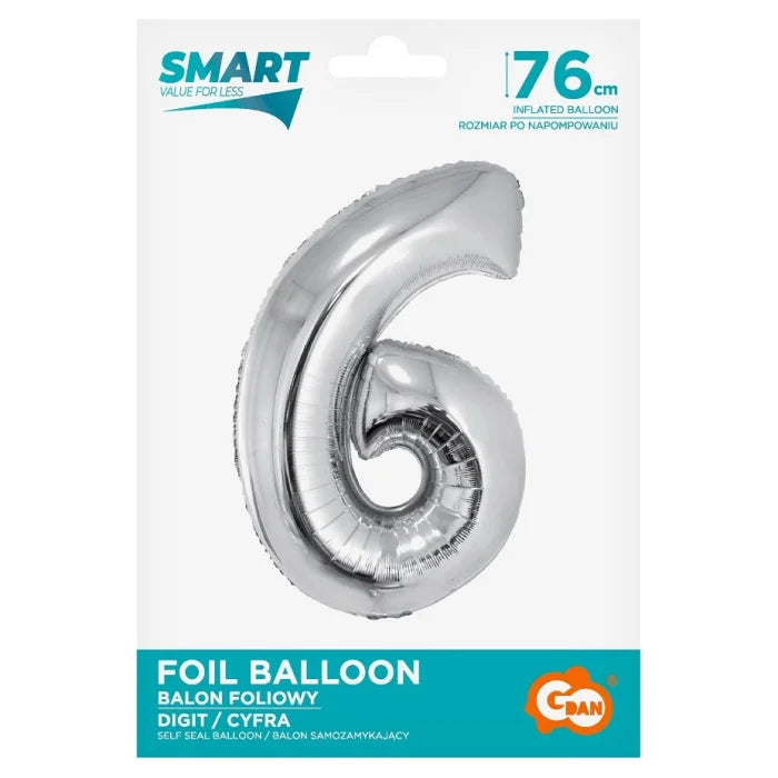 Balon foliowy Cyfra 6, Srebrna, SMART, 76 cm