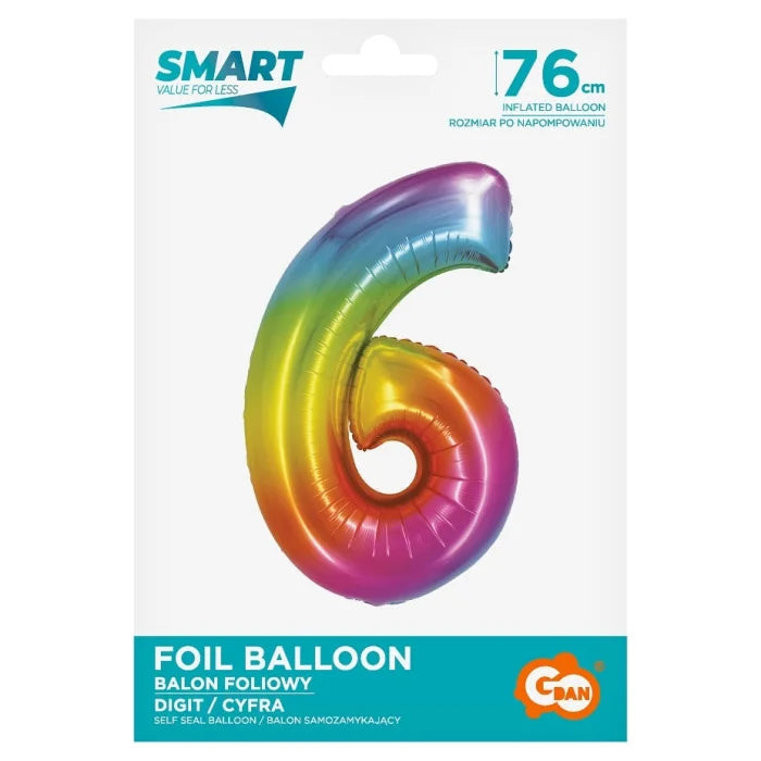 Balon foliowy Cyfra 6, tęczowa, SMART, 76 cm