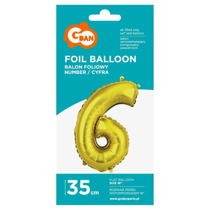 Balon foliowy Cyfra 6, złota, 35 cm