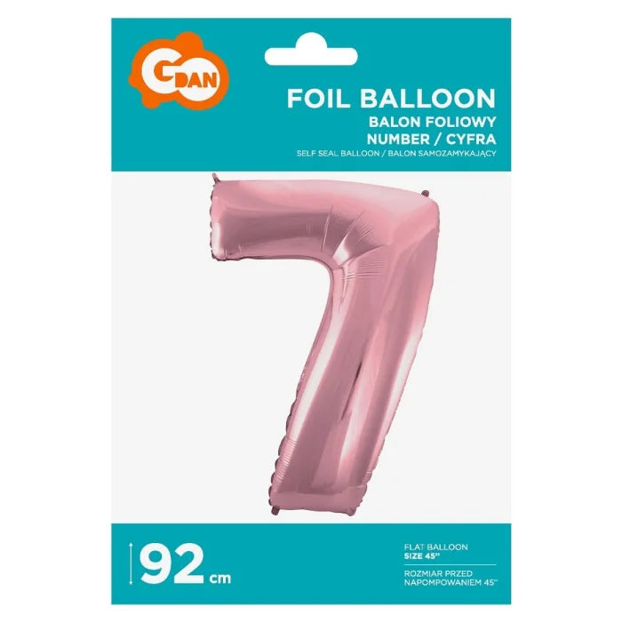 Balon foliowy Cyfra 7, jasnoróżowa, 92 cm