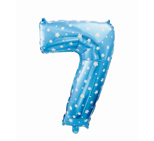 Balon foliowy cyfra 7 – niebieski w białe gwiazdy 61 cm