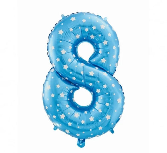 Balon foliowy cyfra 8 – niebieski w białe gwiazdy 61 cm