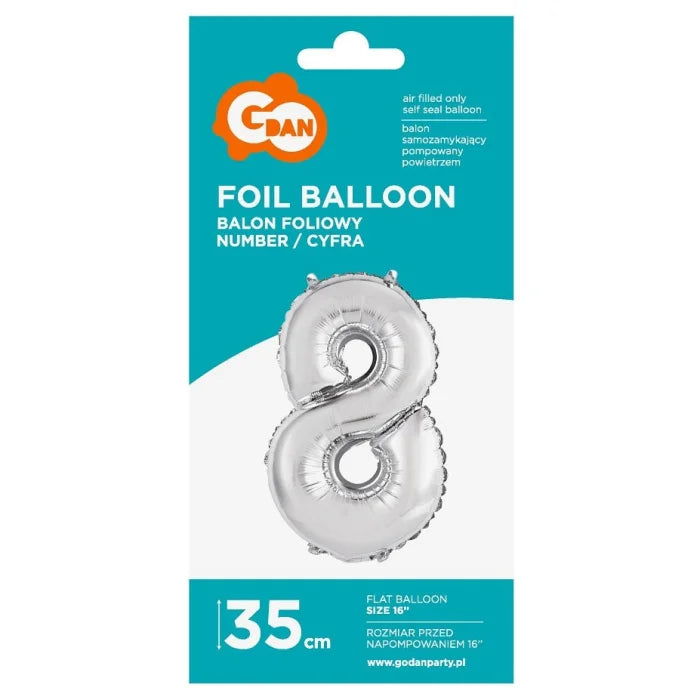 Balon foliowy Cyfra 8, srebrna, 35 cm