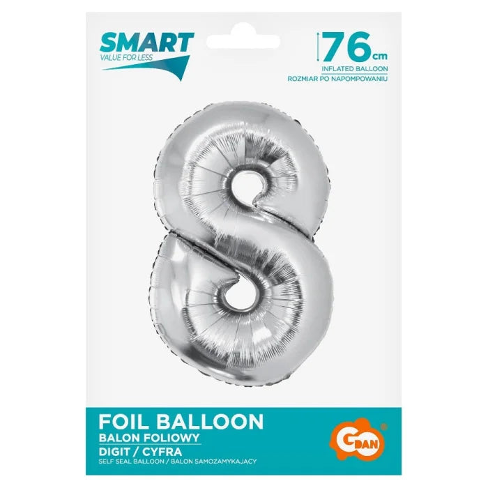 Balon foliowy Cyfra 8, Srebrna, SMART, 76 cm