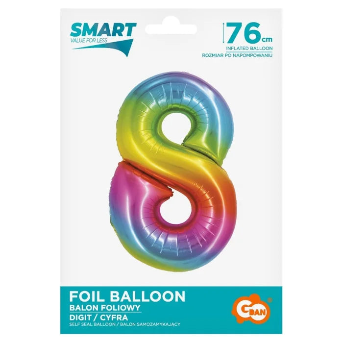 Balon foliowy Cyfra 8, tęczowa, SMART, 76 cm