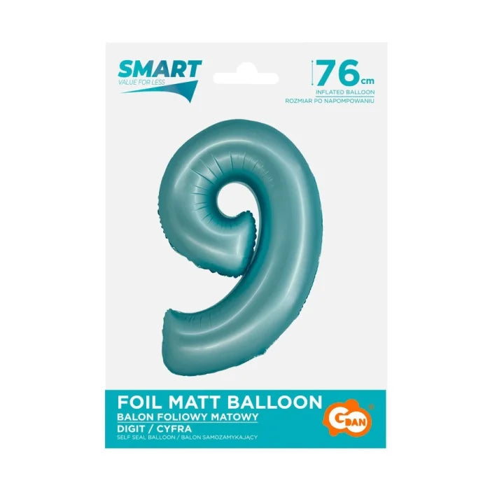 Balon foliowy Cyfra 9, j. niebieska matowa, Smart, 76 cm