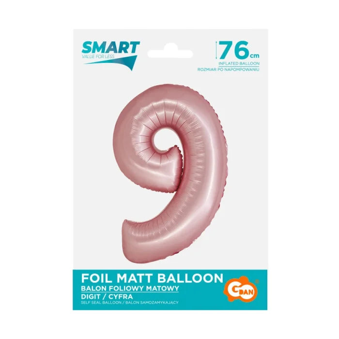 Balon foliowy Cyfra 9, j. różowa matowa, Smart, 76 cm