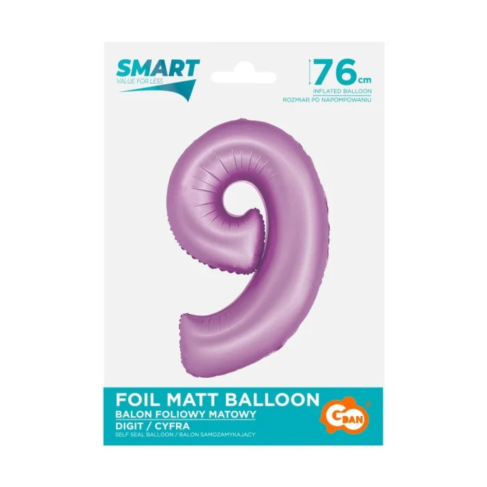 Balon foliowy Cyfra 9, lawendowa matowa, Smart, 76 cm