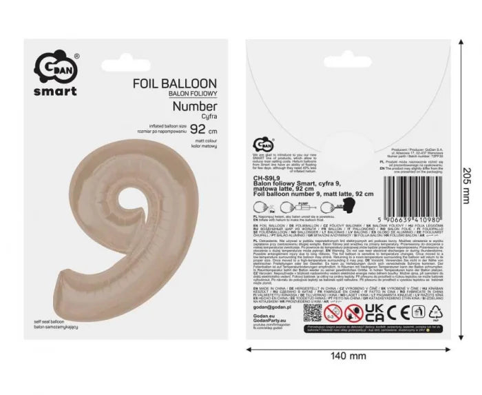 Balon Foliowy Cyfra 9 Matowa Latte (92 cm)