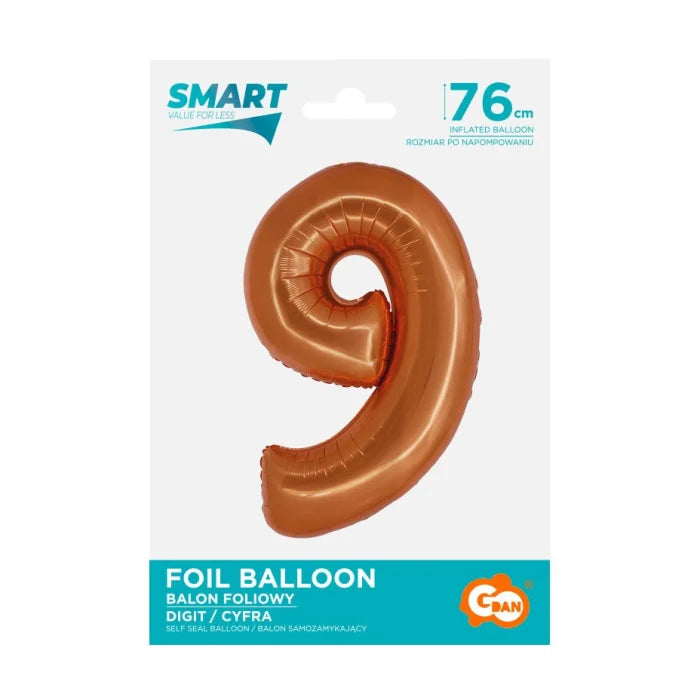 Balon foliowy Cyfra 9, miedziana, Smart, 76 cm