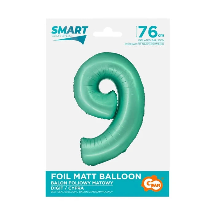 Balon foliowy Cyfra 9, miętowa matowa, Smart, 76 cm